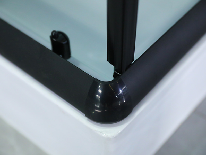 RE Mampara de ducha corrediza, vidrio templado transparente con impresión, perfil de aluminio negro, manija de doble orificio, con bandeja RE Mampara de ducha corrediza, vidrio templado transparente con impresión, perfil de aluminio negro, manija de doble orificio, con bandeja