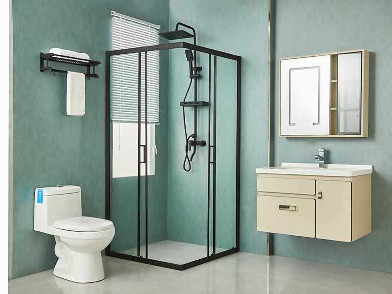 Mampara de ducha corrediza SQ, vidrio templado transparente, perfil de aluminio negro, manija con orificios dobles, con bandeja Mampara de ducha corrediza SQ, vidrio templado transparente, perfil de aluminio negro, manija con orificios dobles, con bandeja