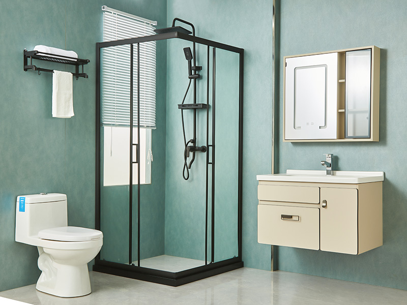 Mampara de ducha corrediza SQ, vidrio templado transparente, perfil de aluminio negro, manija con orificios dobles, con bandeja Mampara de ducha corrediza SQ, vidrio templado transparente, perfil de aluminio negro, manija con orificios dobles, con bandeja