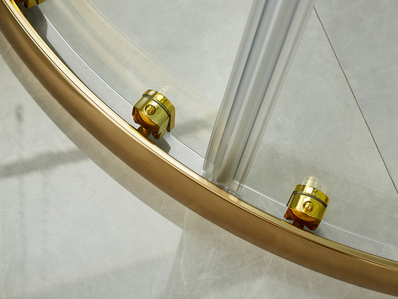 Mampara de ducha corrediza SE, vidrio templado transparente, perfil de aluminio dorado, manija con orificios dobles, sin bandeja Mampara de ducha corrediza SE, vidrio templado transparente, perfil de aluminio dorado, manija con orificios dobles, sin bandeja