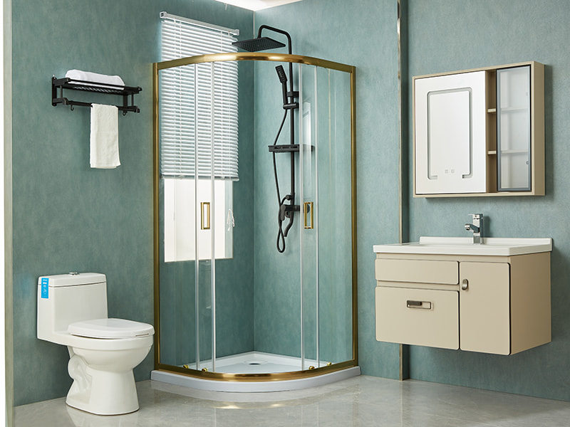 Mampara de ducha corrediza SE, vidrio templado transparente, perfil de aluminio dorado, manija con orificios dobles, sin bandeja Mampara de ducha corrediza SE, vidrio templado transparente, perfil de aluminio dorado, manija con orificios dobles, sin bandeja