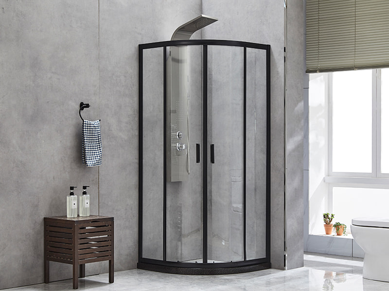 Mampara de ducha corrediza SE, vidrio templado transparente, perfil de aluminio negro, manija con orificios dobles, sin bandeja