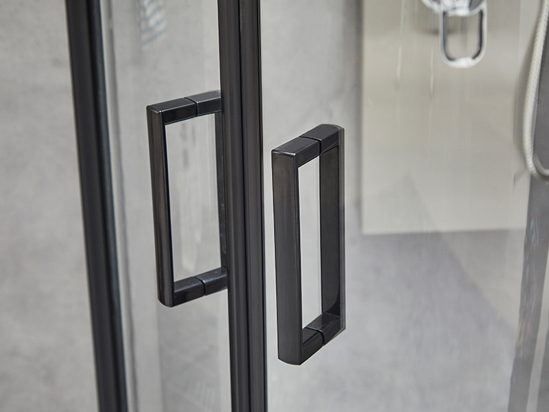 Mampara de ducha corrediza SE, vidrio templado transparente, perfil de aluminio negro, manija con orificios dobles, sin bandeja Mampara de ducha corrediza SE, vidrio templado transparente, perfil de aluminio negro, manija con orificios dobles, sin bandeja