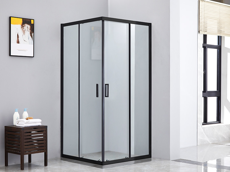 Mampara de ducha corrediza SQ, vidrio templado transparente, perfil de aluminio negro, manija de doble orificio, sin bandeja