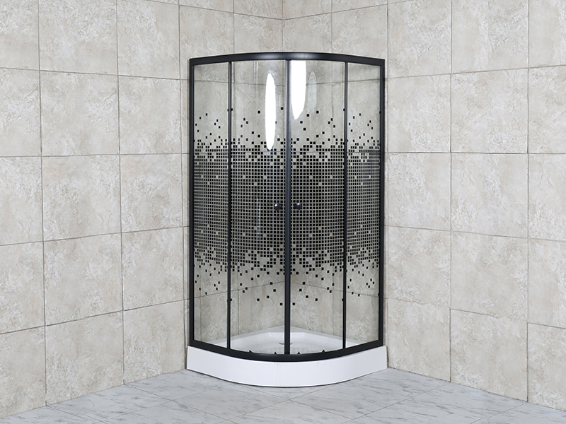 Mampara de ducha corrediza SE, vidrio templado transparente con impresión de mosaico, aluminio pintado en negro, manija con orificios dobles, con bandeja