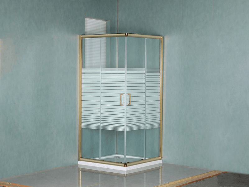 Mampara de Ducha Corredera SQUARE, Vidrio Templado Transparente con Impresión, Perfil de Aluminio Dorado, Manija de Doble Orificio, Con Bandeja