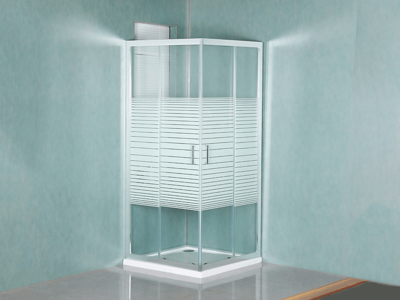 Mampara de Ducha Corredera SQUARE, Vidrio Templado Transparente con Impresión, Perfil de Aluminio Blanco, Manija de Doble Orificio, Con Bandeja