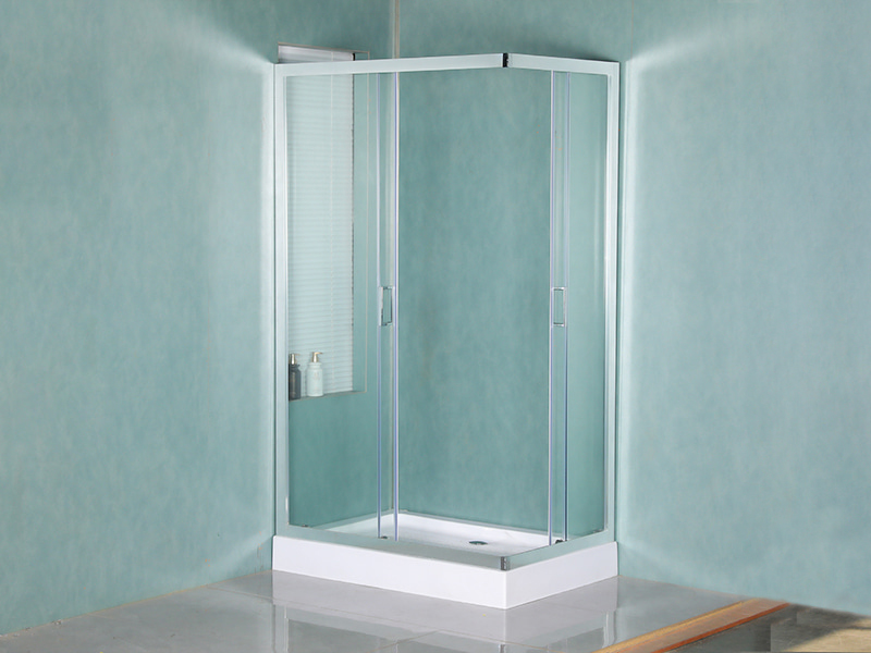 RE Mampara de ducha corrediza, vidrio templado transparente, perfil de aluminio cromado, manija con orificios dobles, con bandeja