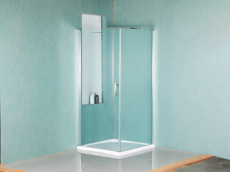 Mampara de ducha pivotante RSQA, vidrio templado transparente, perfil de aluminio cromado, manija con orificios dobles, con bandeja